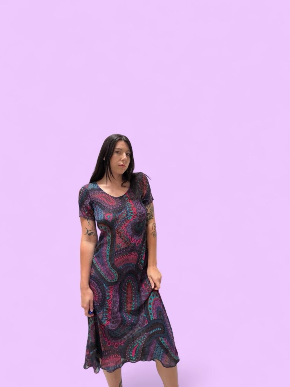 Betsey Johnson Black Paisley Midi Dress with Teal & Pink Accents